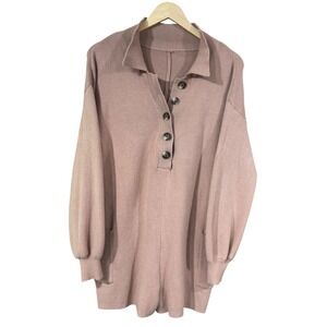 Romper Shorts Women's Beige Knit Sweater  1/2‎ Button Down Long Sleeve SZ M